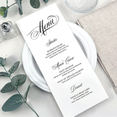 Printed Wedding Menus, Classic Custom Wedding Menu Cards, Menus For Reception Tables, Bridal Shower Menu Cards, Birthday Party Menus
