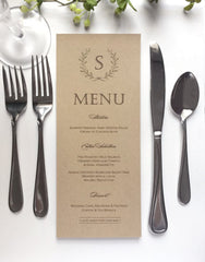 Wedding Menu Cards - Rustic Wedding Menu Card - Laurel Wreath - Kraft Menus - Fits in Folded Napkin - Printed Dinner Menus - Printed Menu