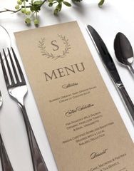 Wedding Menu Cards - Rustic Wedding Menu Card - Laurel Wreath - Kraft Menus - Fits in Folded Napkin - Printed Dinner Menus - Printed Menu