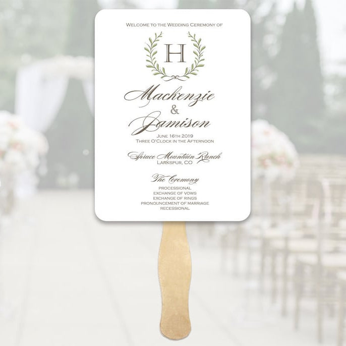 Wedding Ceremony Program Fans, Simple Laurel Wreath Monogram Program Fans, Printed Ceremony Fan for Weddings, Printed you Assemble