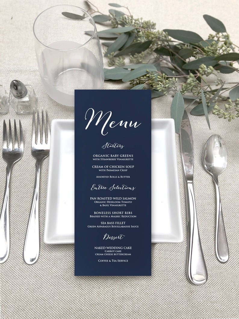 Navy Blue Wedding Menu Card - Modern White Printing Wedding Menu Cards - Navy Blue