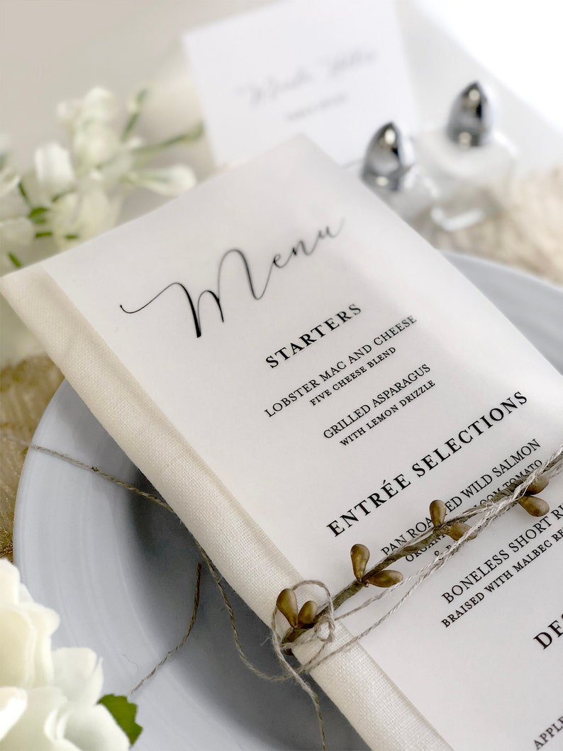 Vellum Wedding Dinner Menu Cards - Printed Colored Ink Vellum Menus - Vellum Menus For Reception Tables - Translucent Vellum Menus