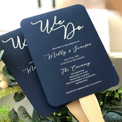 We Do Wedding Program Fans Navy and White - Wooden Sticks Included - Navy Blue Wedding Program Fans - White Custom Text, You Assemble