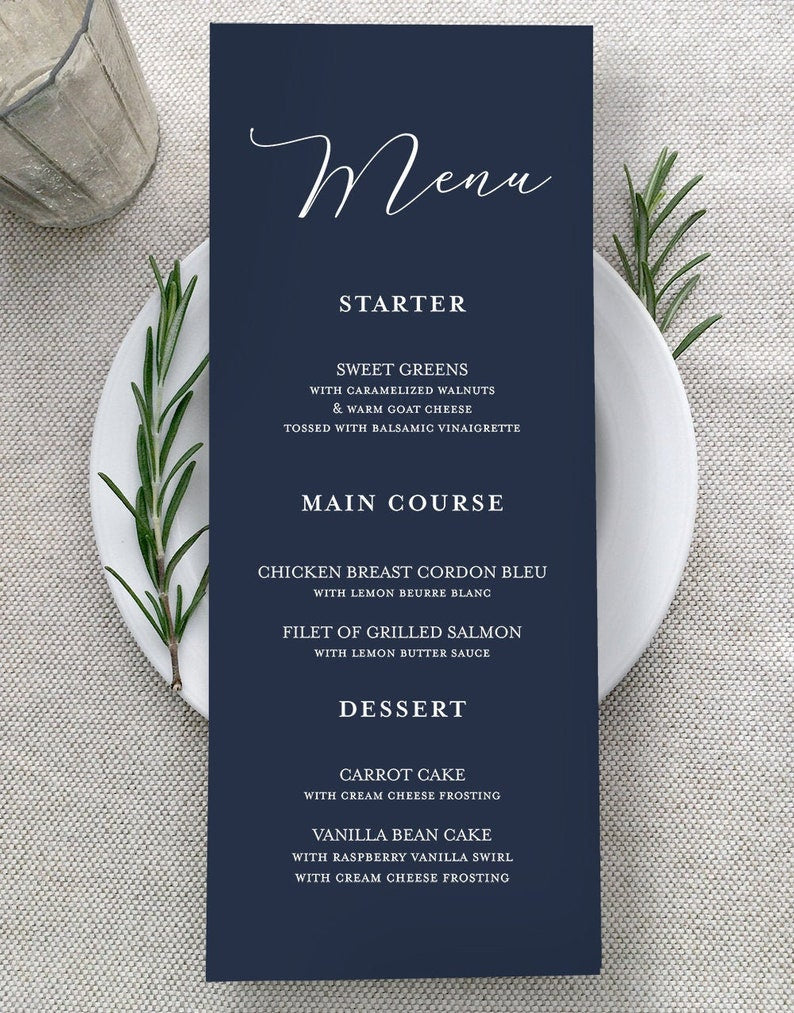 Navy Blue Wedding Menu Cards - Printed Wedding Menus - Menus For Reception Tables - White Ink Printing