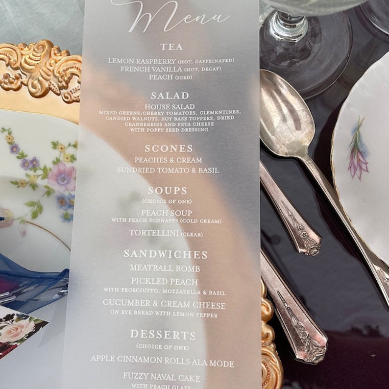 Vellum Wedding Dinner Menu Cards - Printed Colored Ink Vellum Menus - Vellum Menus For Reception Tables - Translucent Vellum Menus