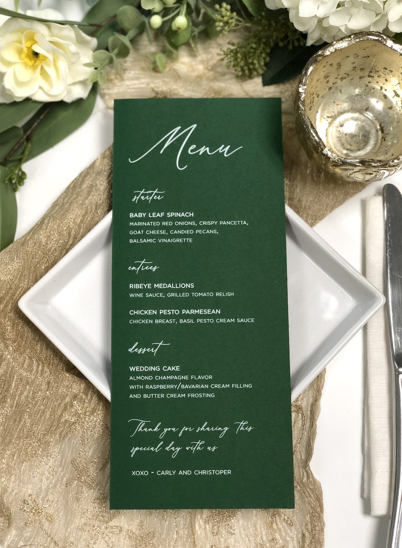 Wedding Dinner Menu Cards - Hunter Green Printed White Ink Wedding Menus - Emerald Green Menu - Colored Menus with White Ink