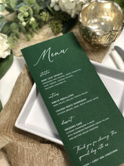 Wedding Dinner Menu Cards - Hunter Green Printed White Ink Wedding Menus - Emerald Green Menu - Colored Menus with White Ink