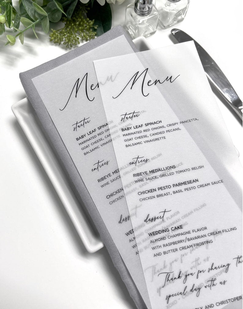 Vellum Wedding Dinner Menu Cards - Printed White or Black Ink Vellum Menus - Vellum Menus For Reception Tables - Translucent Vellum Menus