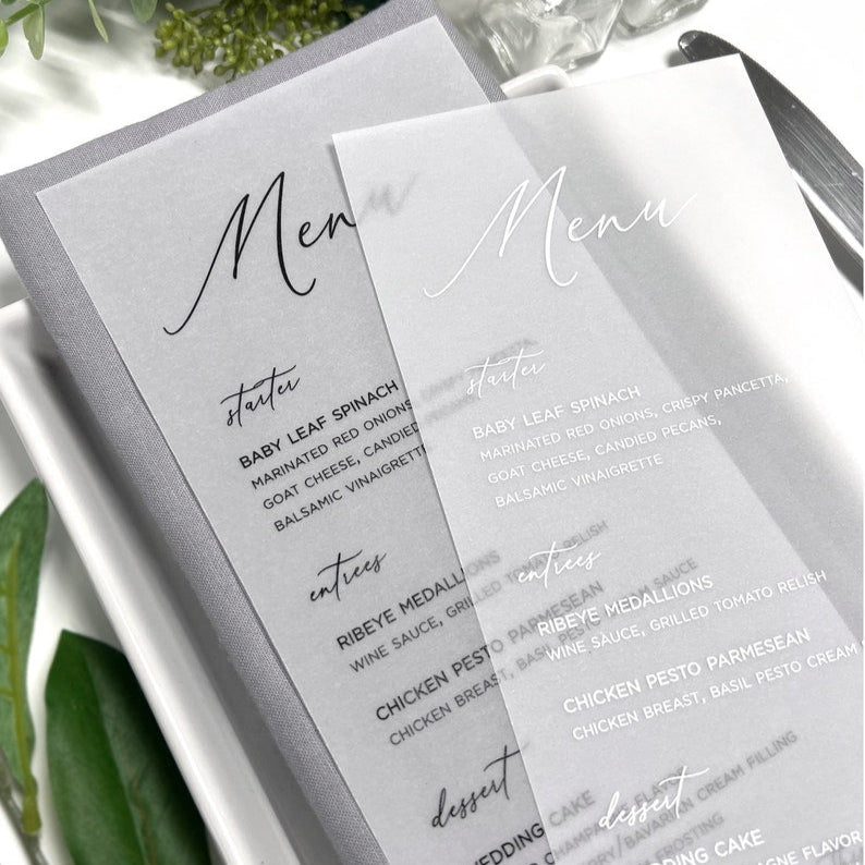 Vellum Wedding Dinner Menu Cards - Printed White or Black Ink Vellum Menus - Vellum Menus For Reception Tables - Translucent Vellum Menus