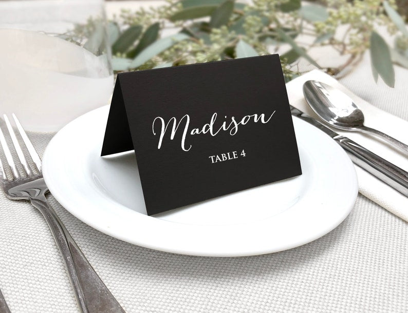 Black Place Cards, Printed Black and White Wedding Escort Cards, Simple Modern Black with White Printing Name Cards, Modern Place Cards