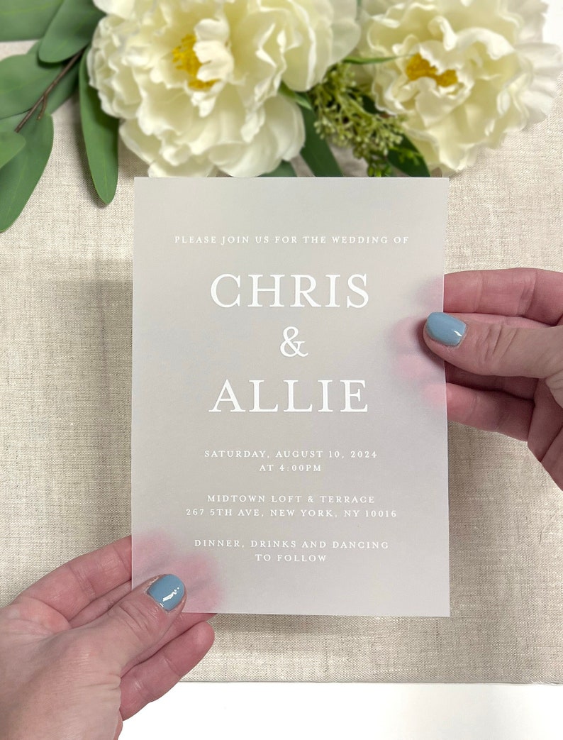 Vellum Wedding Invitations, Printed Vellum Wedding Invitations, Vellum Paper with White Ink, 5x7 Vellum Invites, Envelopes Not Included