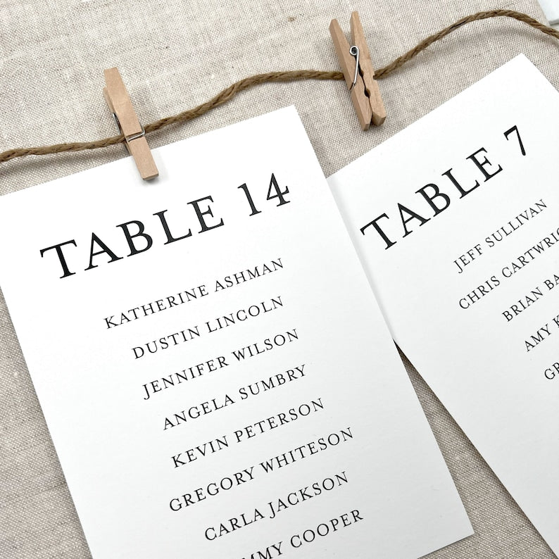 Printed Wedding Seating Chart Cards, Reception Seating Cards, DIY Seating Display, 5x7 Printed Table Lists