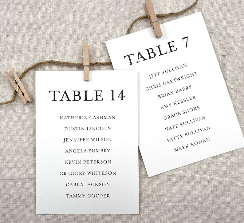 Printed Wedding Seating Chart Cards, Reception Seating Cards, DIY Seating Display, 5x7 Printed Table Lists