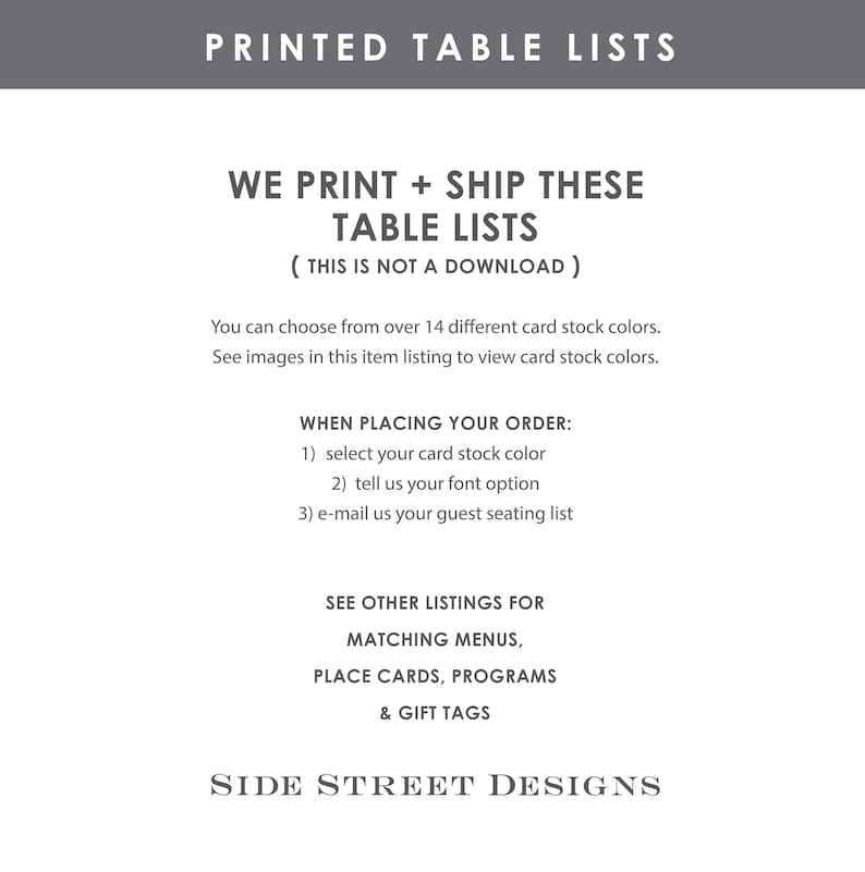 Printed Wedding Seating Chart Cards, Reception Seating Cards, DIY Seating Display, 5x7 Printed Table Lists