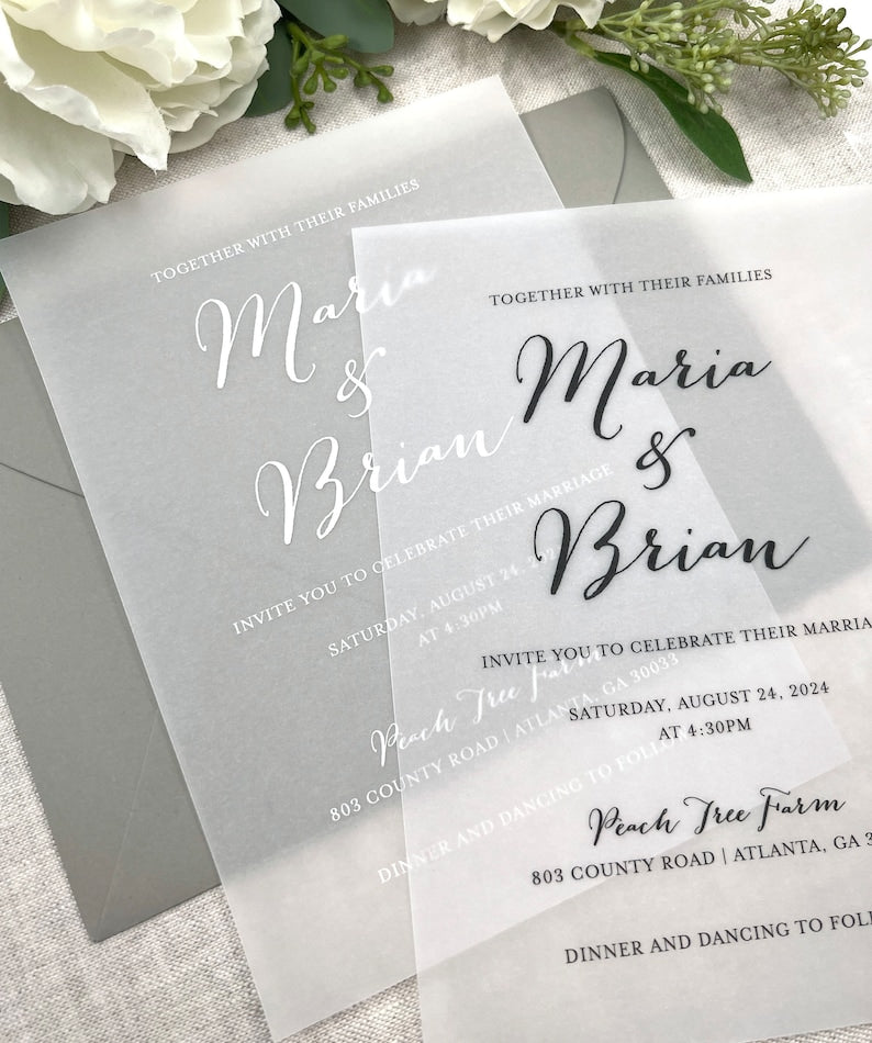 Printed Vellum Invitations, Vellum Wedding Invitations, Vellum Paper with White or Black Ink, 5x7 Vellum Invites, Envelopes Not Included