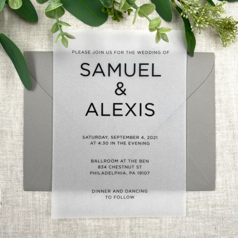 Modern Minimalist Vellum Wedding Invites, Printed Vellum Invitation Inserts, Vellum Paper, White or Black Ink, 5x7, Envelopes Not Included