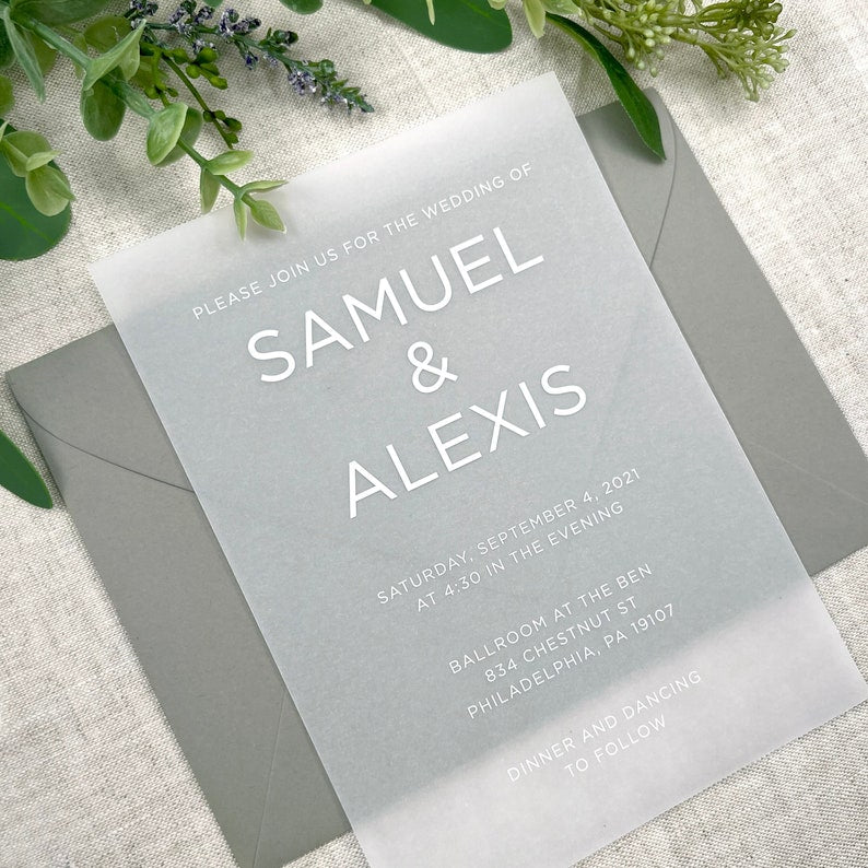 Modern Minimalist Vellum Wedding Invites, Printed Vellum Invitation Inserts, Vellum Paper, White or Black Ink, 5x7, Envelopes Not Included