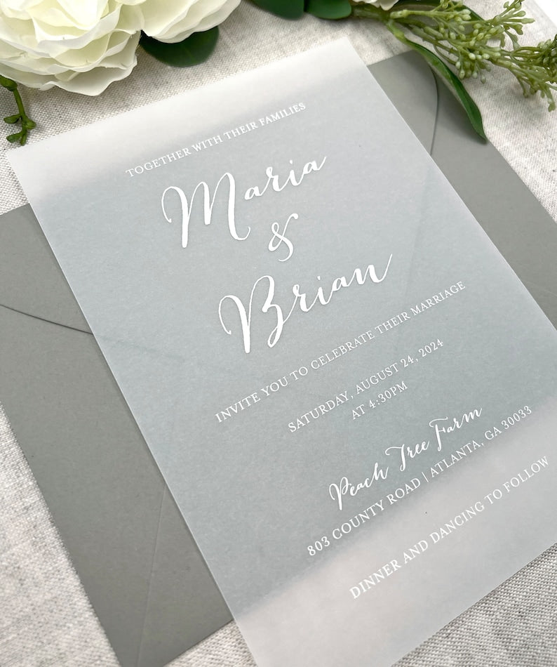 Printed Vellum Invitations, Vellum Wedding Invitations, Vellum Paper with White or Black Ink, 5x7 Vellum Invites, Envelopes Not Included