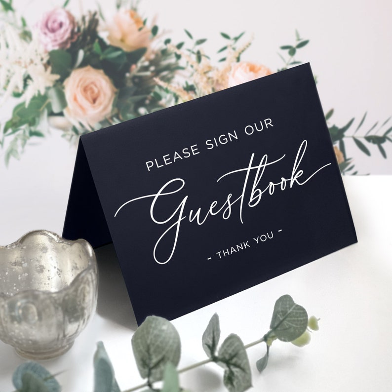 Printed Guestbook Table Sign, Navy Please Sign Our Guestbook Sign, Modern Minimalist Guestbook Signs, Table Top Cards, Printed and Folded