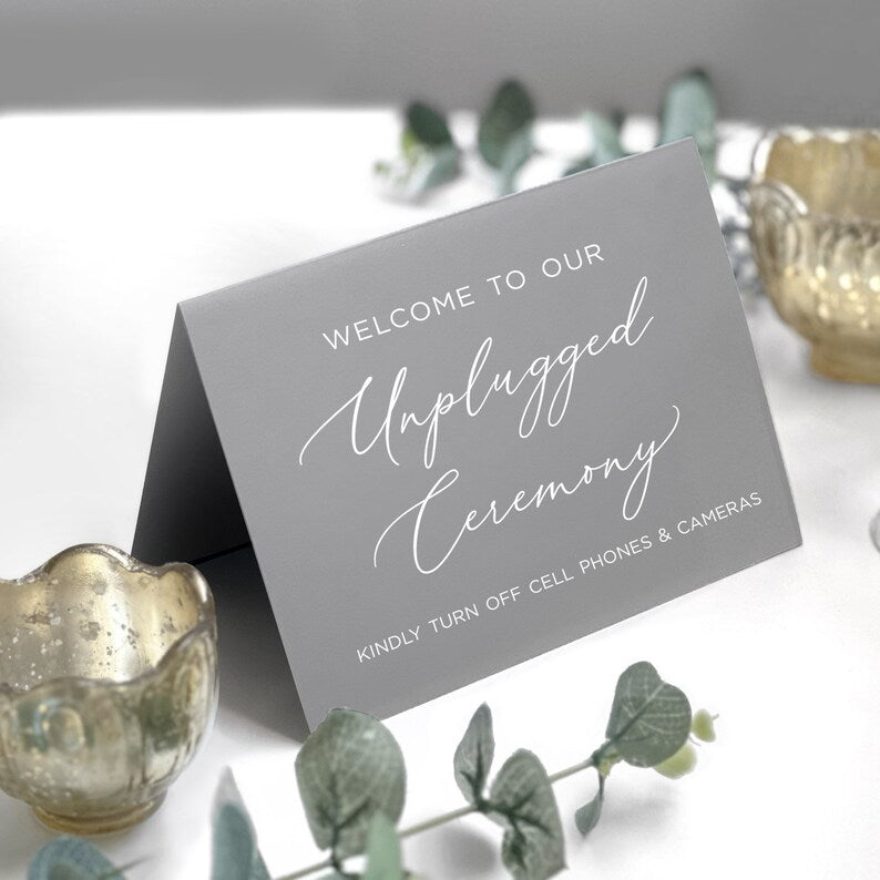 Unplugged Ceremony Sign, Black and White Unplugged Wedding Table Sign, No Cell Phone Sign, Modern Minimalist, Table Card, Printed and Folded