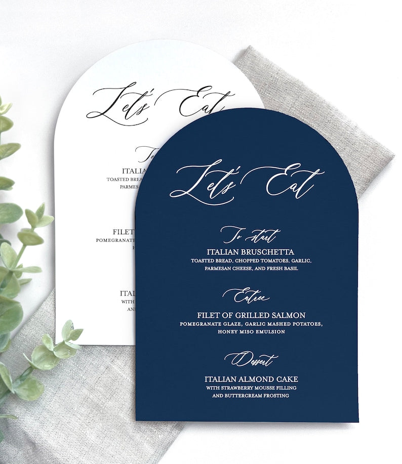 Navy Blue Arch Shaped Menu Cards, Modern Wedding Decor, Printed Arched Wedding Menus, Minimalist Wedding, Simple Modern Wedding Menu