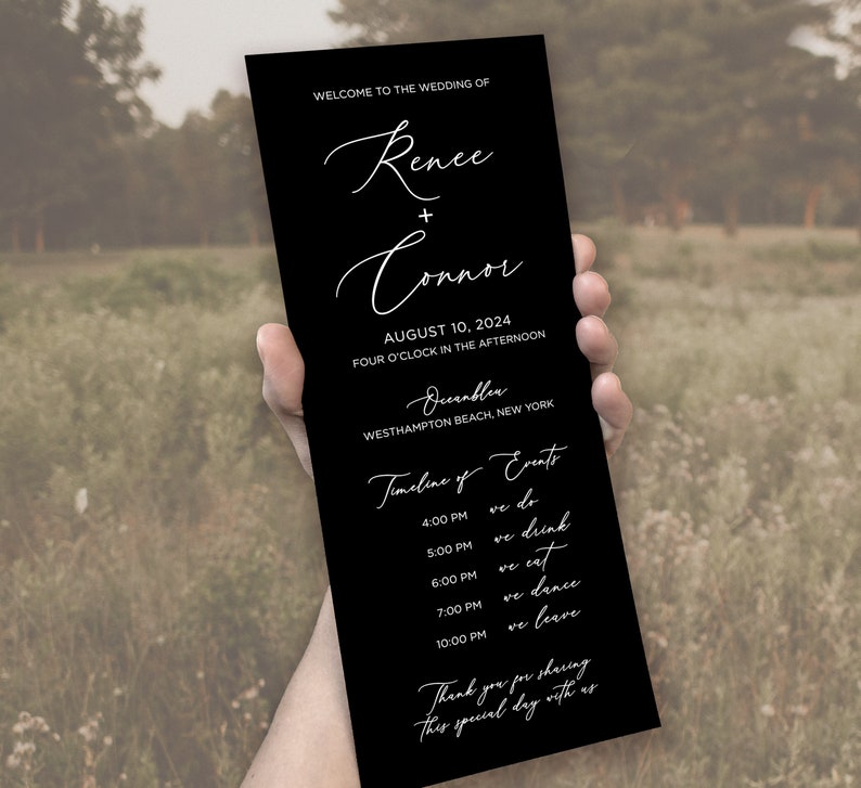 Printed Wedding Timeline, Wedding Ceremony Program, Order of Events, Wedding Itinerary, Custom Wedding Programs