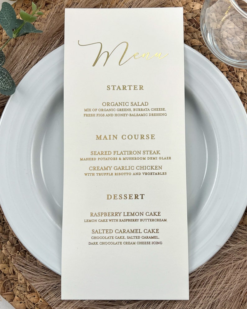 New! Gold Foil Menu Cards, Printed Shiny Wedding Gold Foil Menus, Simple and Classy Gold Menus For Reception Tables, Printed Menu Cards