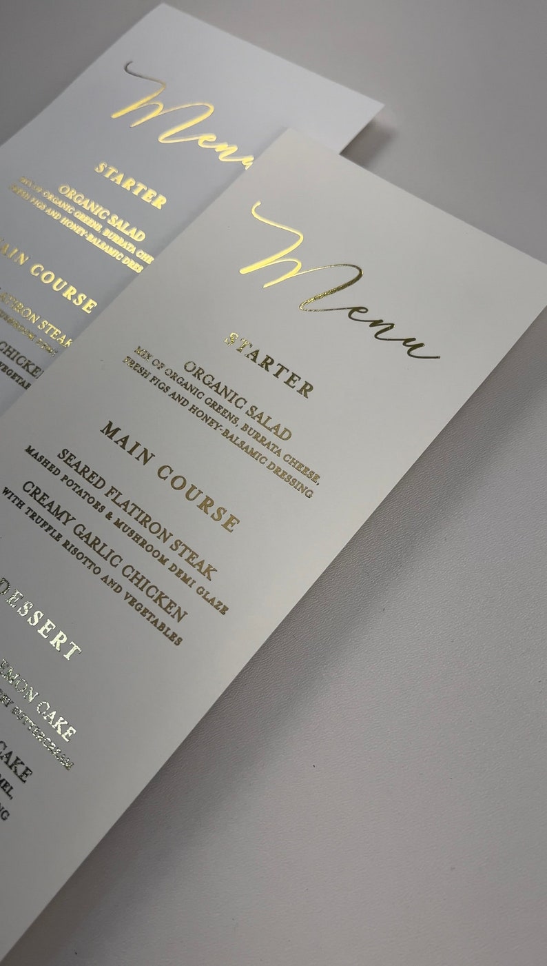 New! Gold Foil Menu Cards, Printed Shiny Wedding Gold Foil Menus, Simple and Classy Gold Menus For Reception Tables, Printed Menu Cards