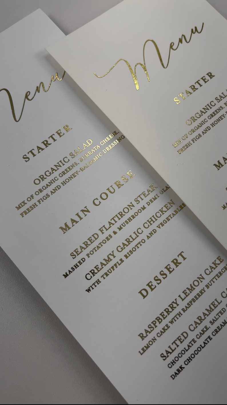 New! Gold Foil Menu Cards, Printed Shiny Wedding Gold Foil Menus, Simple and Classy Gold Menus For Reception Tables, Printed Menu Cards