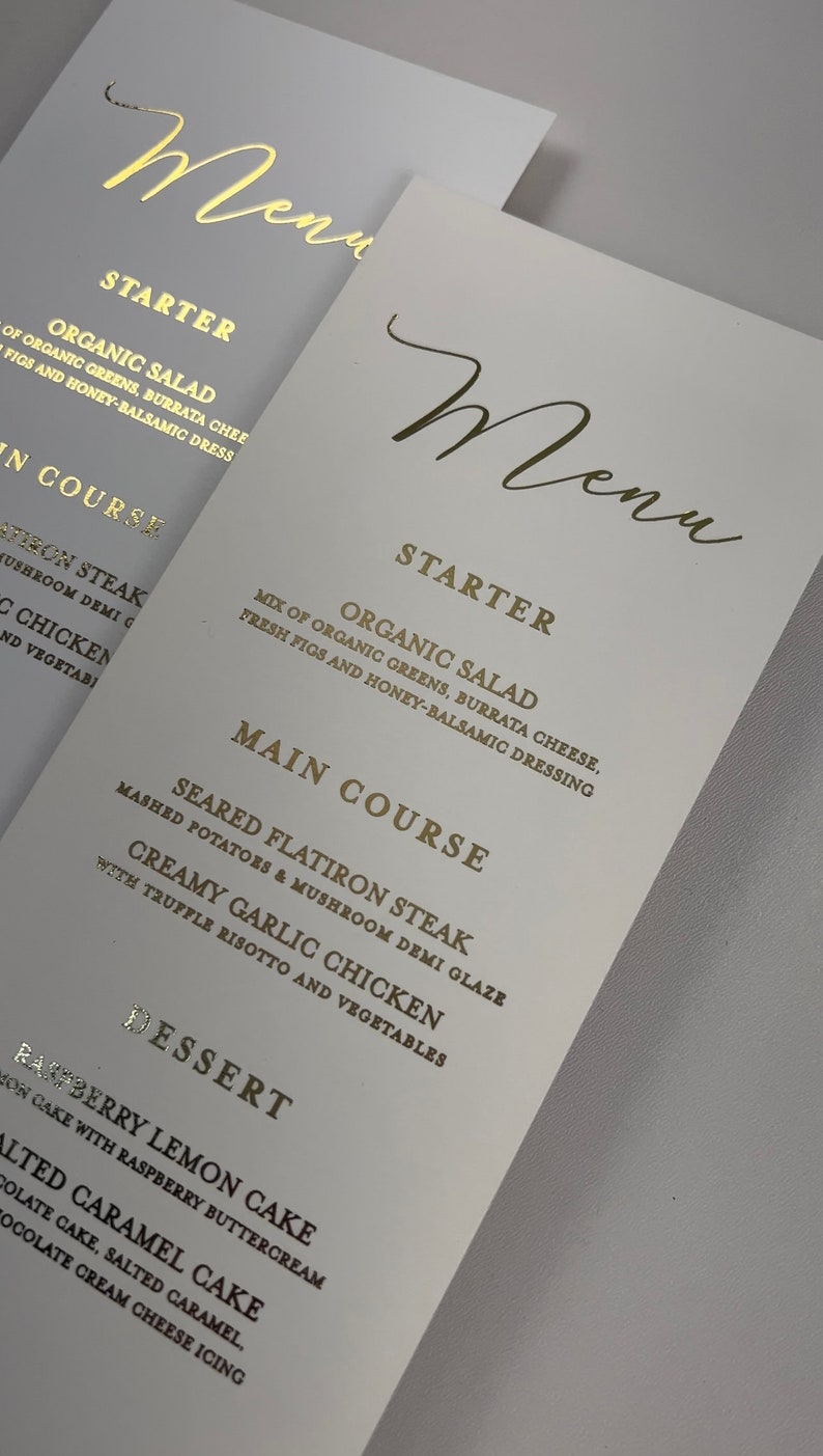 New! Gold Foil Menu Cards, Printed Shiny Wedding Gold Foil Menus, Simple and Classy Gold Menus For Reception Tables, Printed Menu Cards