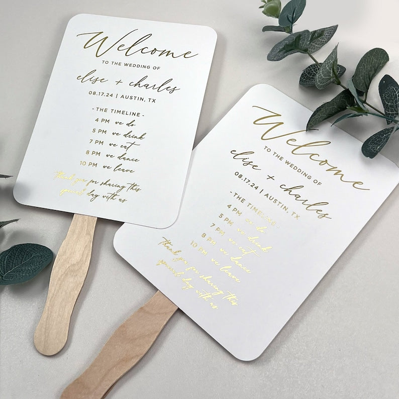 Metallic Gold Wedding Timeline Fans Wooden Sticks Included, Real Gold Foil Wedding Program Fan, Printed Ceremony Fan, Simple Program Fan