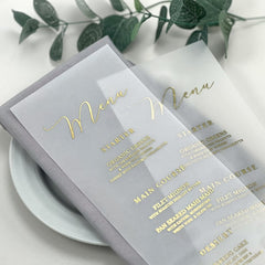 Gold Foil Vellum Wedding Dinner Menu Cards, Gold Foil Printed Vellum Menus, Vellum Menus For Reception Tables, Translucent Vellum Menus