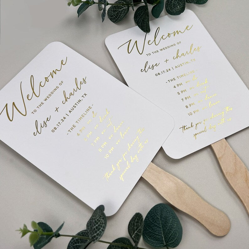 Metallic Gold Wedding Timeline Fans Wooden Sticks Included, Real Gold Foil Wedding Program Fan, Printed Ceremony Fan, Simple Program Fan