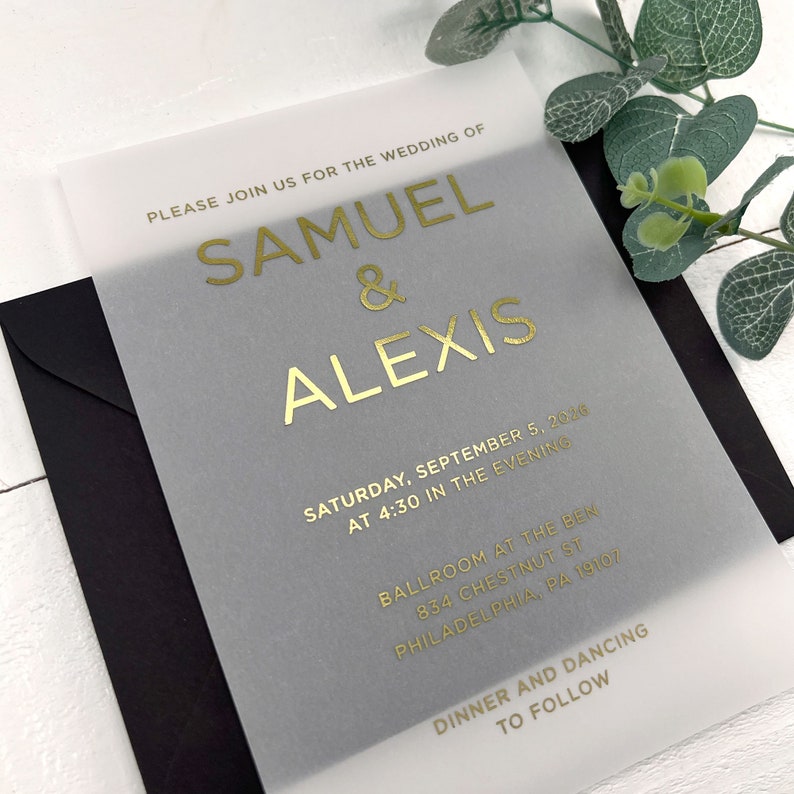 Gold Foil Vellum Wedding Invitations, Printed Real Gold Foil Vellum Invitation Inserts, Vellum Paper, 5x7 Prints, Envelopes Not Included