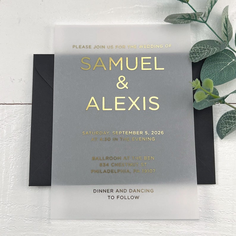 Gold Foil Vellum Wedding Invitations, Printed Real Gold Foil Vellum Invitation Inserts, Vellum Paper, 5x7 Prints, Envelopes Not Included