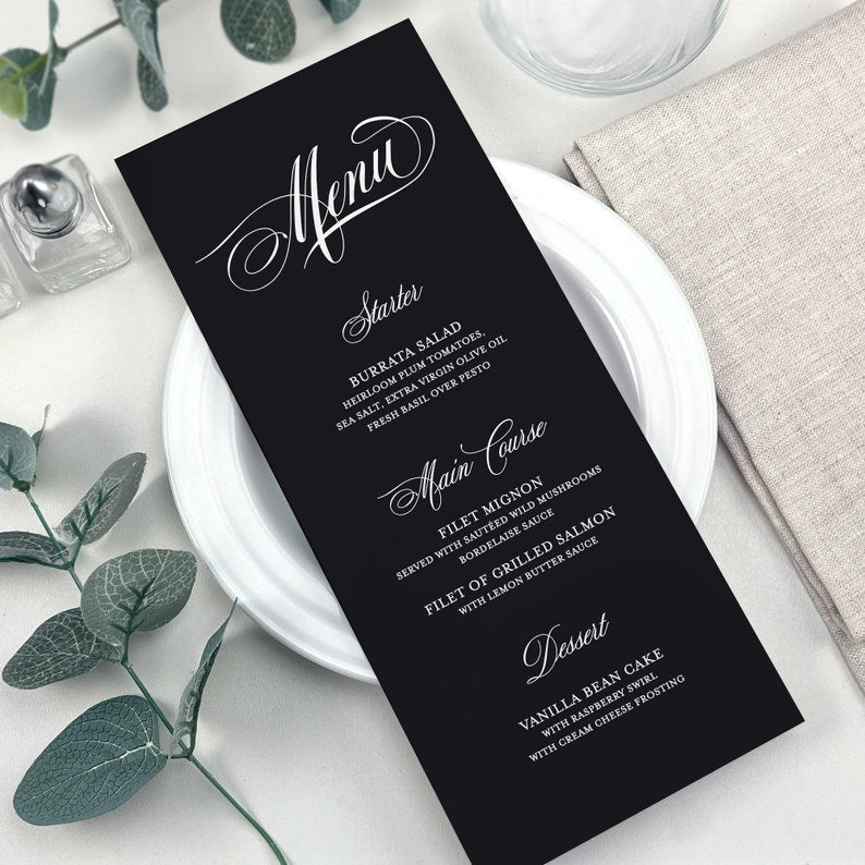 Printed Wedding Menus, Classic Custom Wedding Menu Cards, Menus For Reception Tables, Bridal Shower Menu Cards, Birthday Party Menus