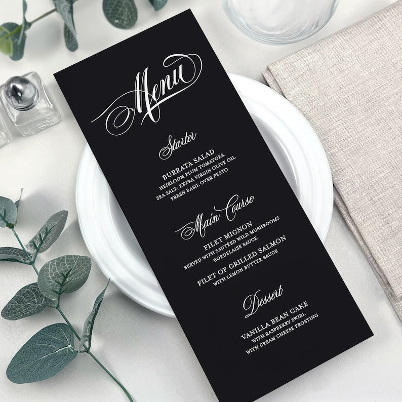 Printed Wedding Menu Cards, Classic Custom Wedding Menus, Menus For Reception Tables, Bridal Shower Menu Cards