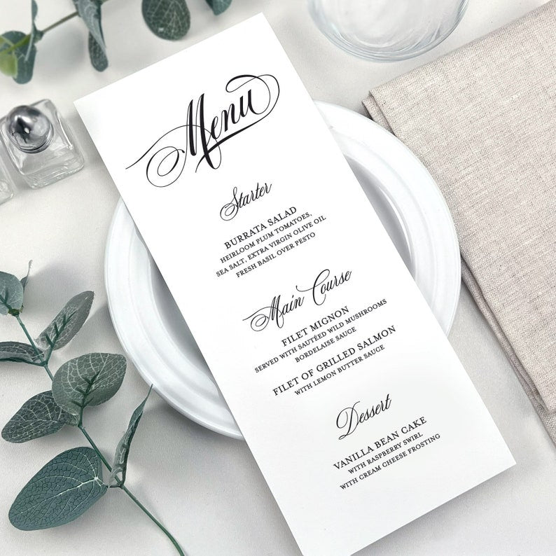 Printed Wedding Menus, Classic Custom Wedding Menu Cards, Menus For Reception Tables, Bridal Shower Menu Cards, Birthday Party Menus