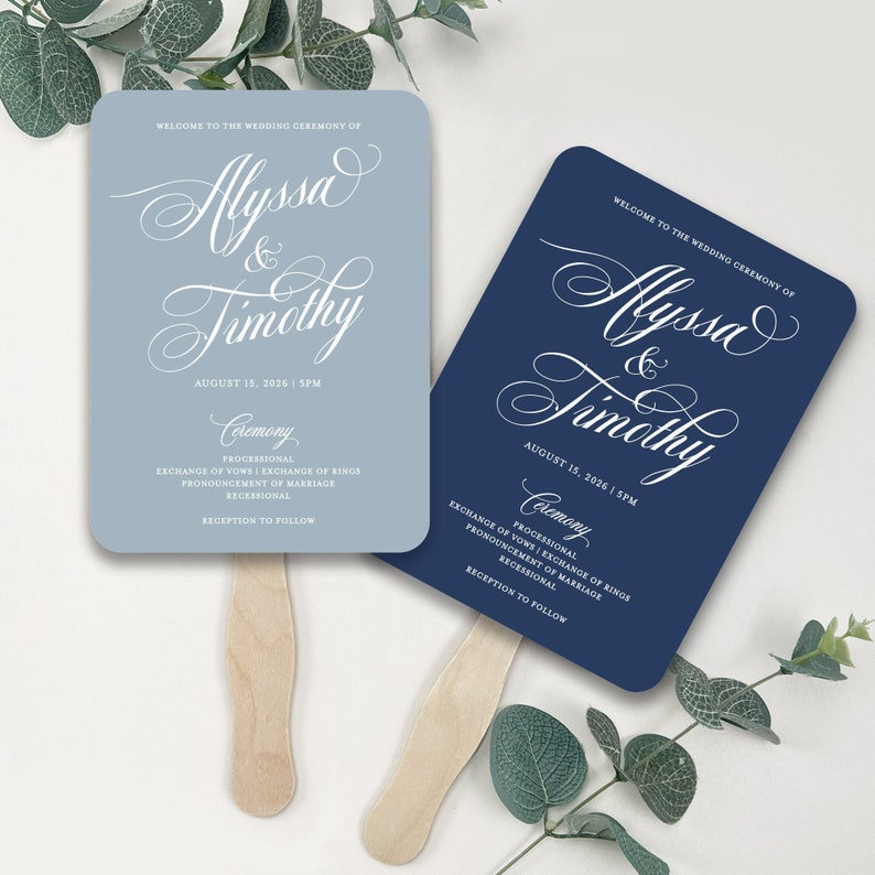 Blue Wedding Program Fans, Wooden Sticks Included, Customize with Your Names, Wedding Program Fans, Many Colors Available, You Assemble