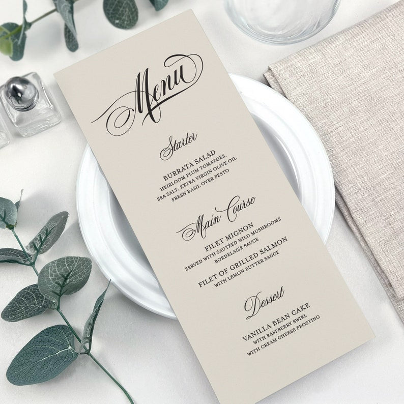 Printed Wedding Menus, Classic Custom Wedding Menu Cards, Menus For Reception Tables, Bridal Shower Menu Cards, Birthday Party Menus