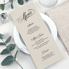 Printed Wedding Menus, Classic Custom Wedding Menu Cards, Menus For Reception Tables, Bridal Shower Menu Cards, Birthday Party Menus