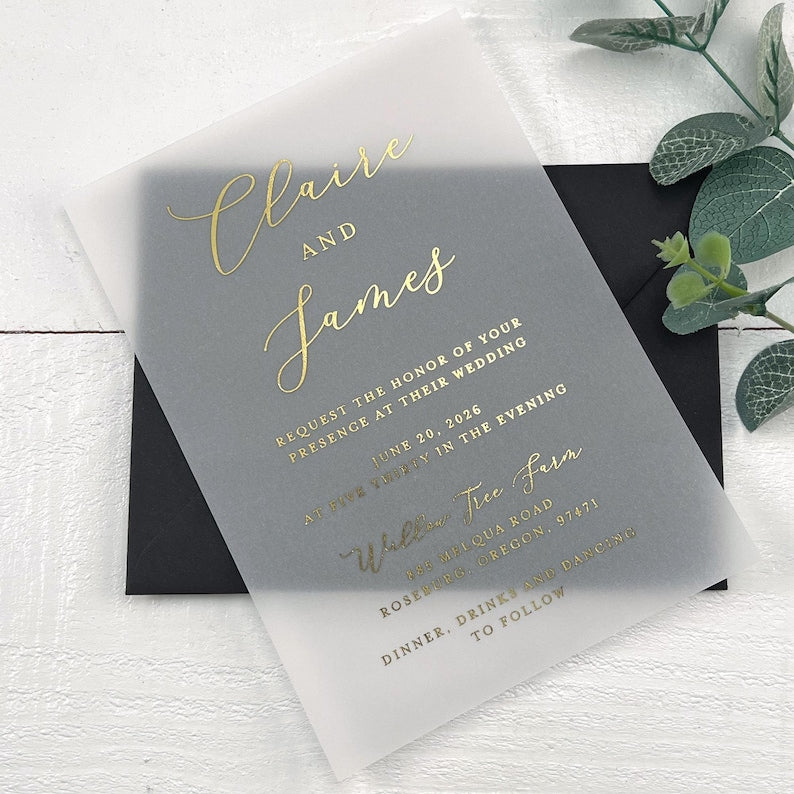 Classic Vellum Wedding Invitations, Printed Vellum Invitation Inserts, Vellum Paper, White or Black Ink, 5x7 Prints, Envelopes Not Included