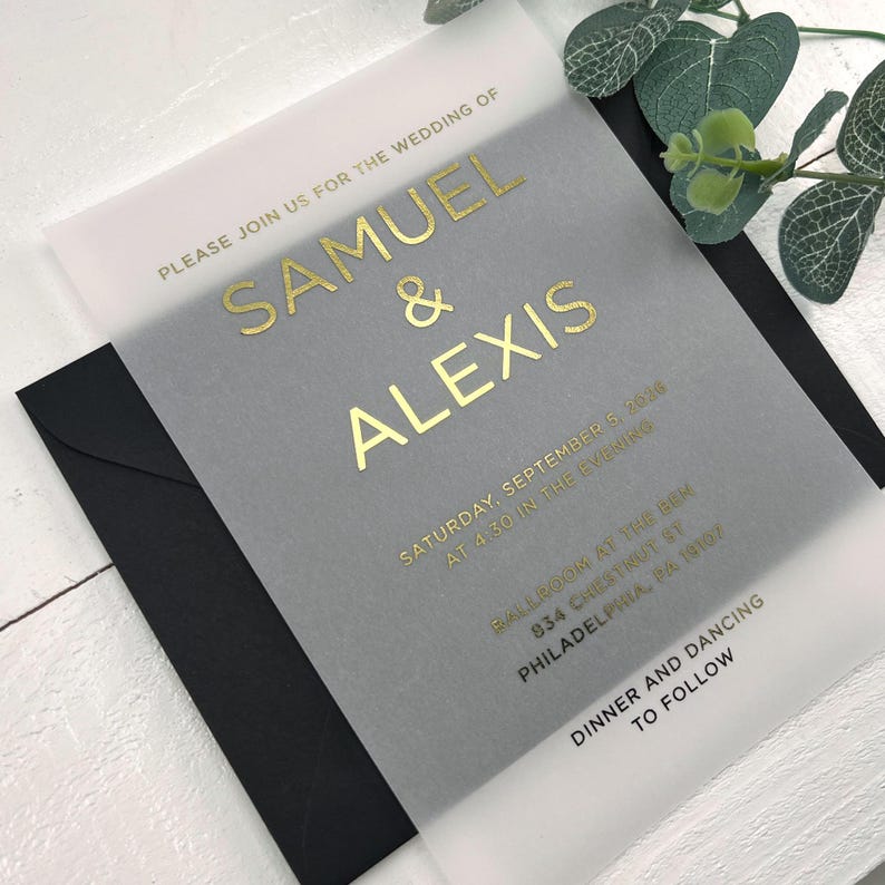 Modern Minimalist Vellum Wedding Invites, Printed Vellum Invitation Inserts, Vellum Paper, White or Black Ink, 5x7, Envelopes Not Included