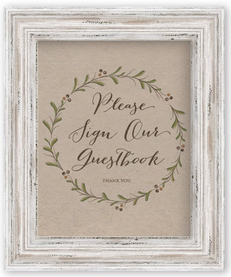 Guestbook Sign - Olive Branch and Rosemary Sprigs Guestbook Sign - Printed Woodland Guest Book Signs - Wedding Baby Shower Signs for Frames