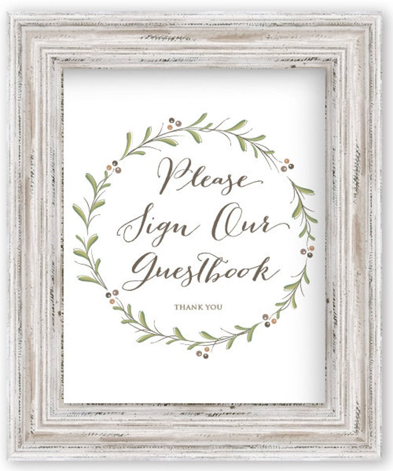 Guestbook Sign - Olive Branch and Rosemary Sprigs Guestbook Sign - Printed Woodland Guest Book Signs - Wedding Baby Shower Signs for Frames