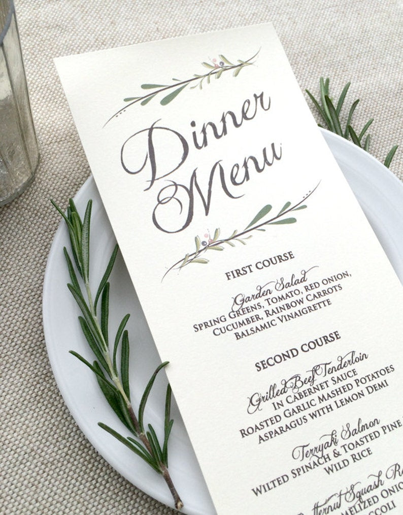 Wedding Menu Card - Rustic Wedding Menus - Ivory or White - Meal Options - Spring Wedding - Fall Wedding - Printed Menu